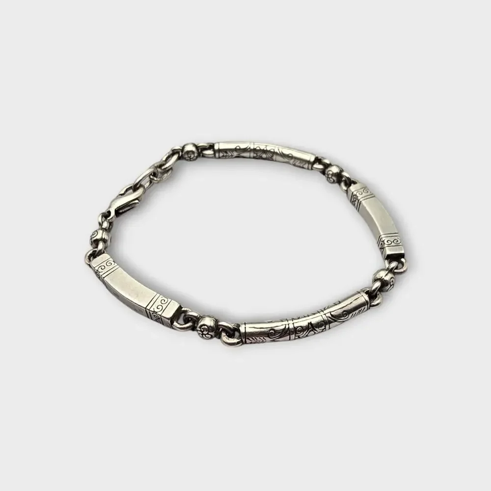Brighton Bar Link Bracelet Scroll Etched Silver Tone Classic Minimal Everyday